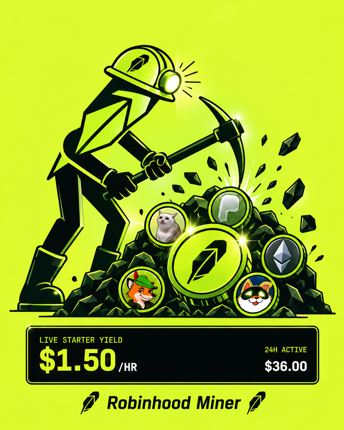 Bright lime Robinhood Miner artwork showing a digital miner, community tokens, and starter yield